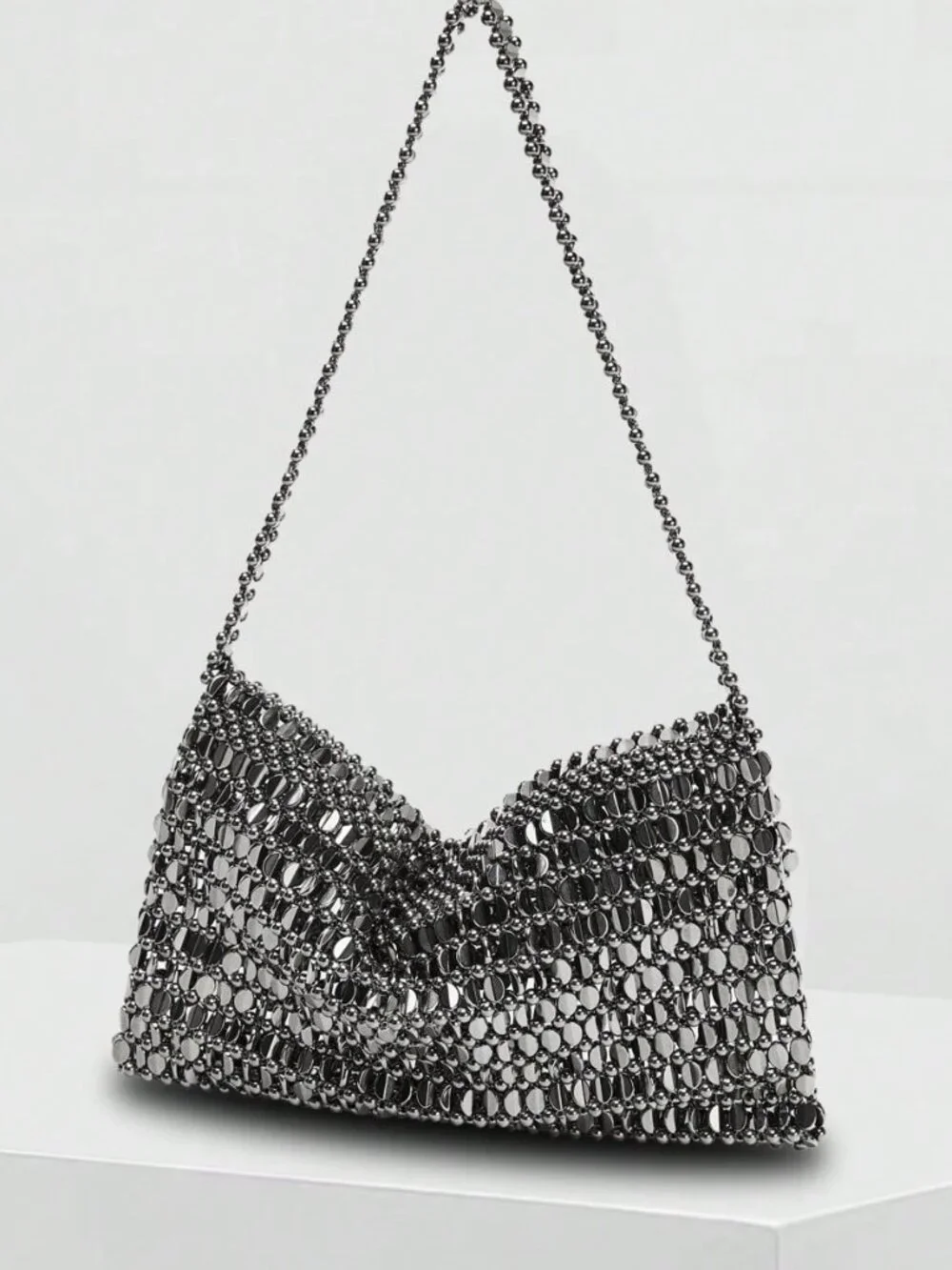 Silver Casual Women's Beaded Square Flap Shoulder Bag